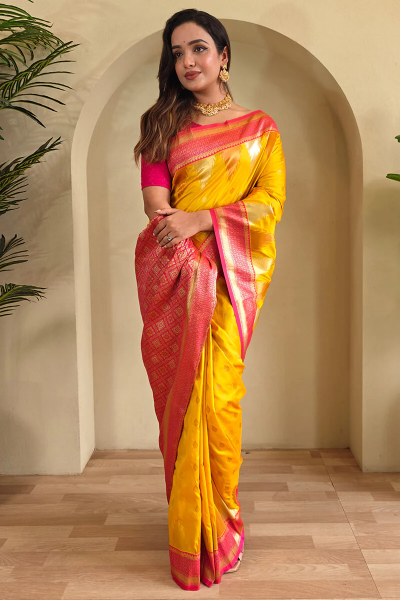 Precious Yellow Soft Banarasi Silk Saree With Elegant Blouse Piece - Image 3