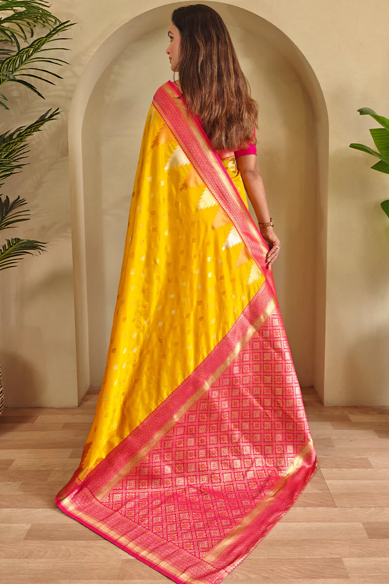 Precious Yellow Soft Banarasi Silk Saree With Elegant Blouse Piece - Image 4