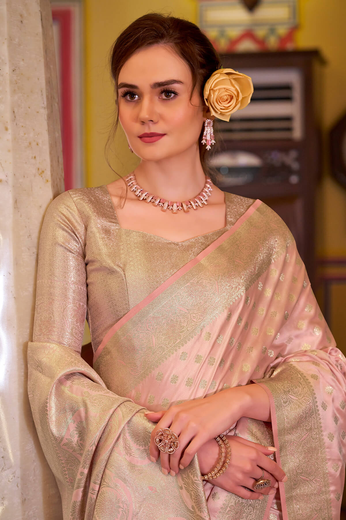 Preferable Baby Pink Banarasi Satin Silk Saree With Ideal Blouse - Image 4