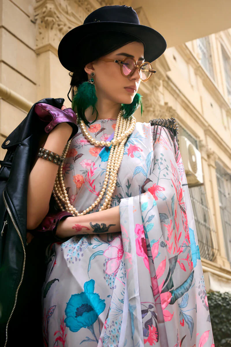 Preferable Grey Digital Printed Satin Silk Saree With Glorious Blouse Piece - Image 2