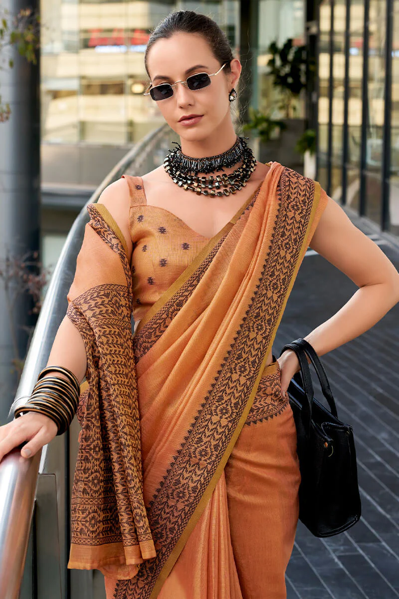 Preferable Orange Cotton Silk Saree With Epiphany Blouse Piece - Image 4