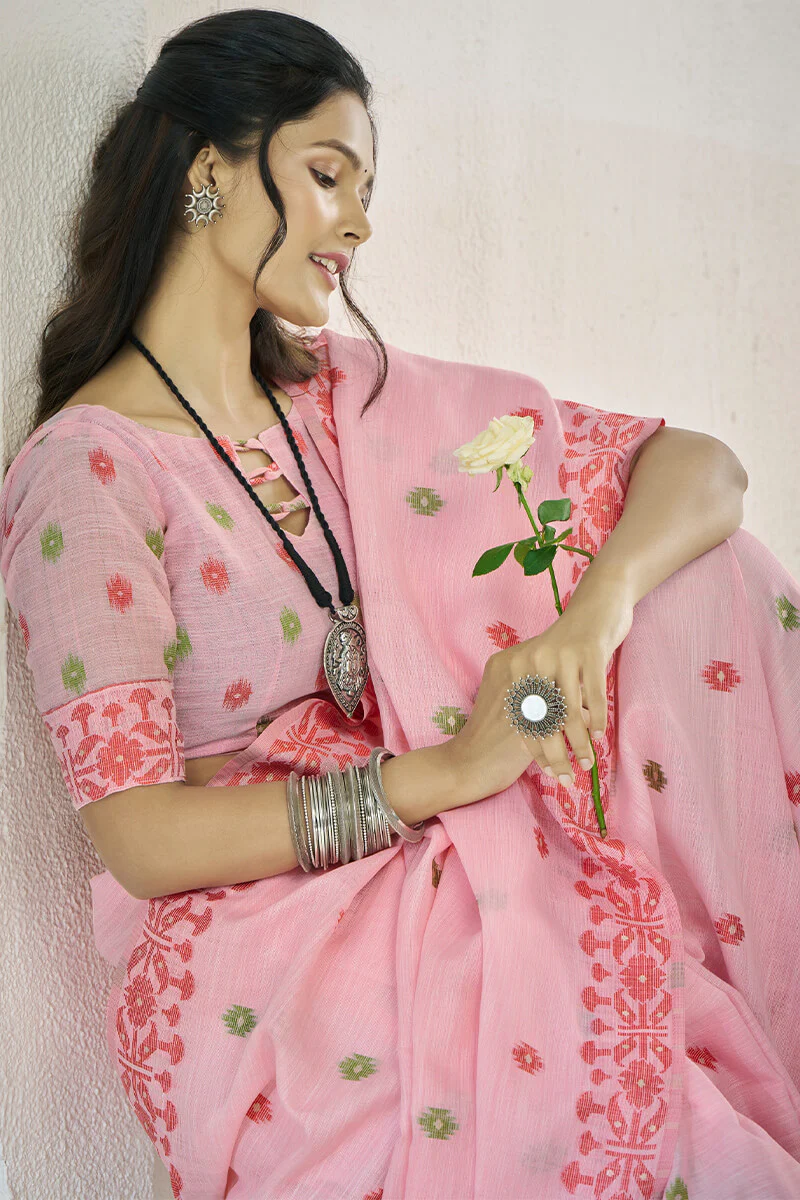 Preferable Pink Cotton Silk Saree With Exquisite Blouse Piece - Image 2