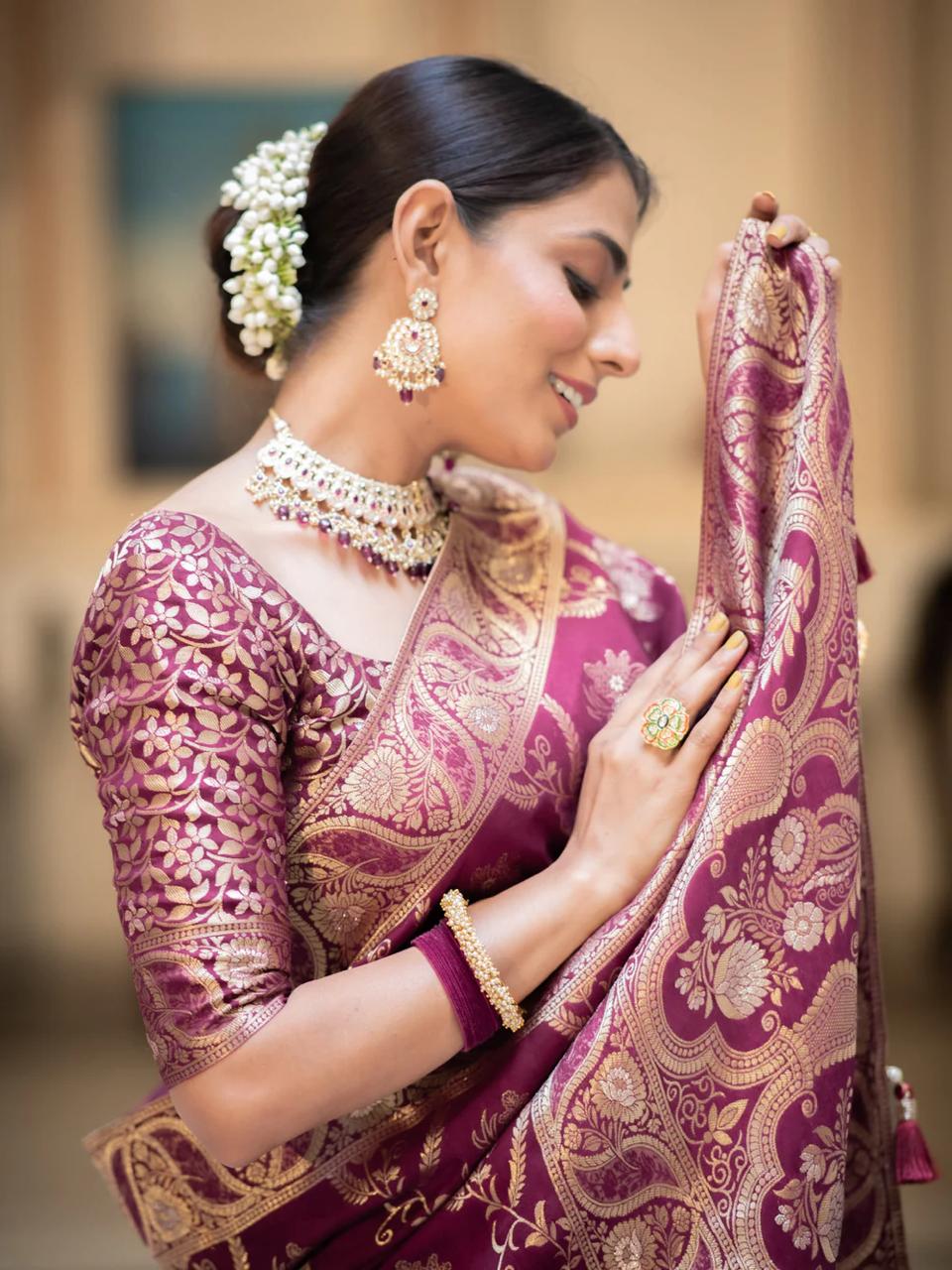 Preferable Wine Soft Silk Saree With Ethnic Blouse Piece - Image 3