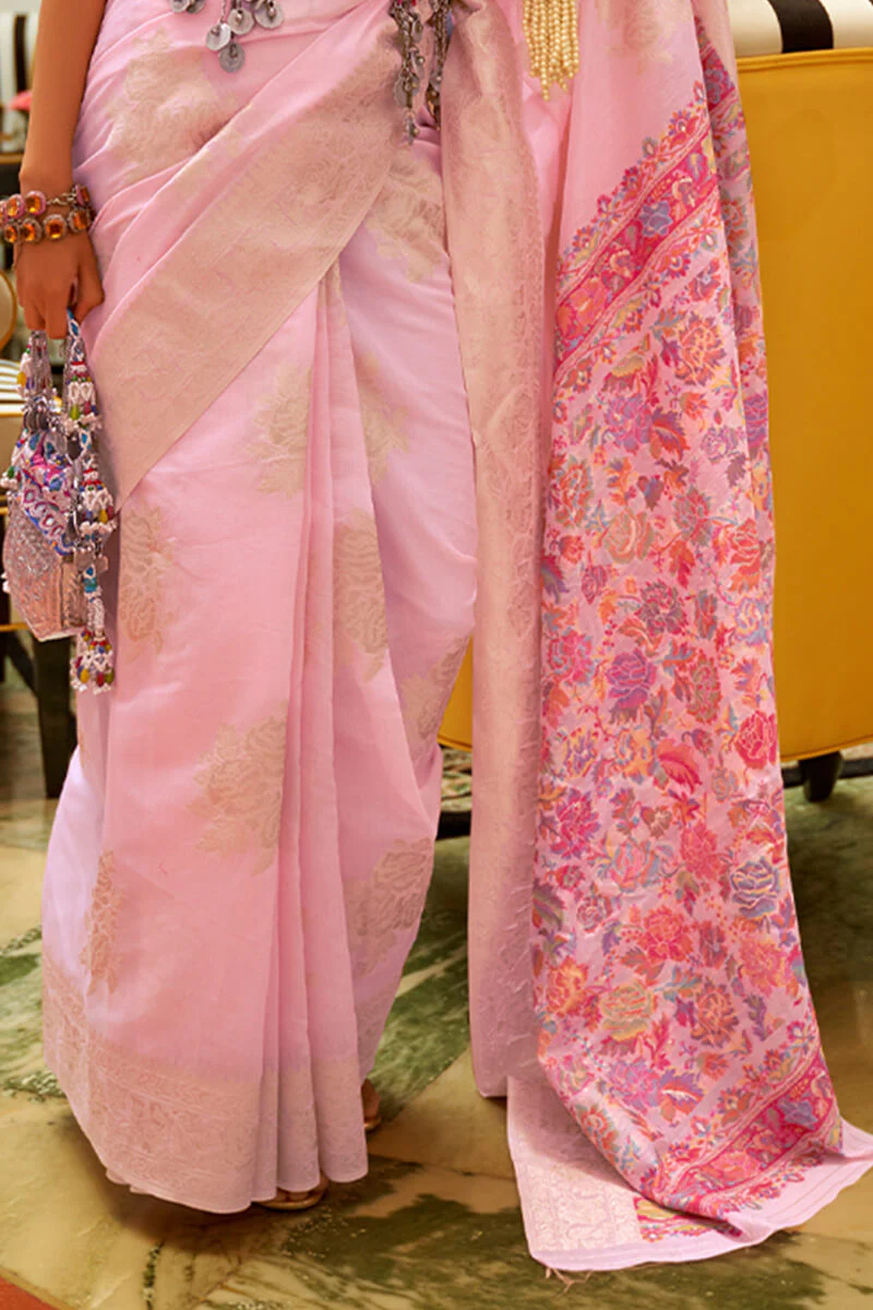 Prettiest Baby Pink Pashmina saree With Stunner Blouse Piece - Image 3