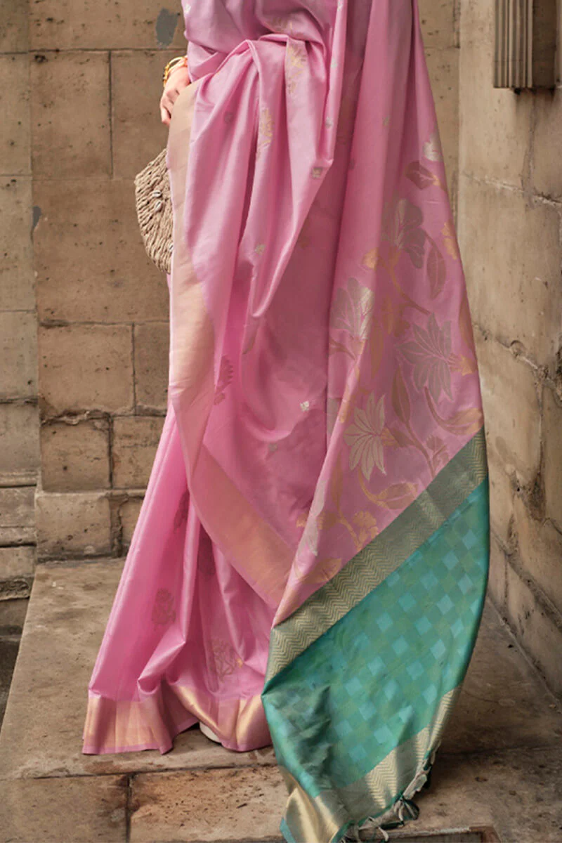 Prettiest Baby Pink Soft Banarasi Silk Saree With Opulent Blouse Piece - Image 3