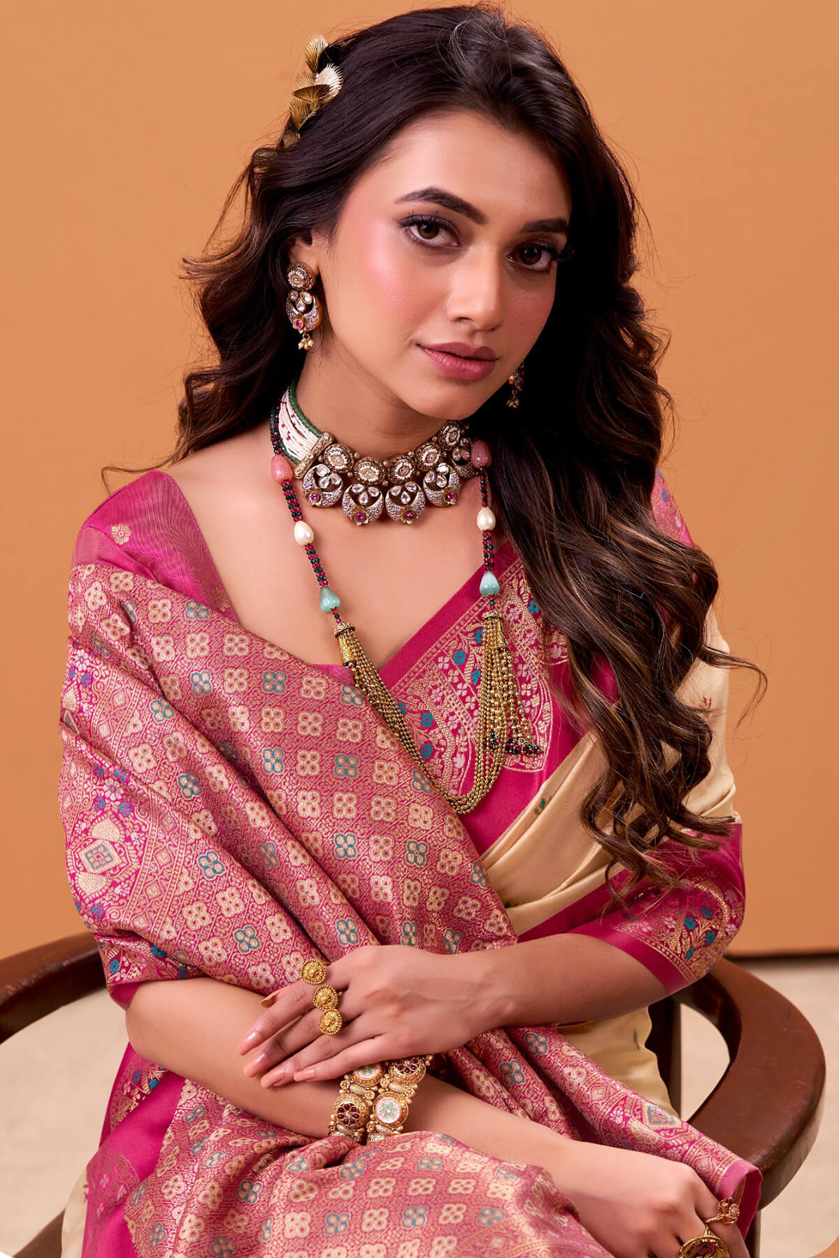 Prettiest Beige Banarasi Satin Silk Saree With Winsome Blouse - Image 2