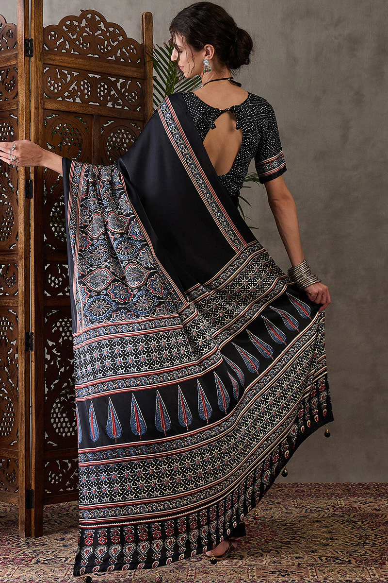 Prettiest Black Ajrakh Printed Semi Modal Silk Saree With Allure Blouse Piece - Image 7