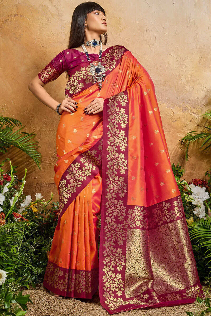 Prettiest Orange Pure Zari Weaving Banarasi Silk Saree With Tantalizing Blouse Piece - Image 3