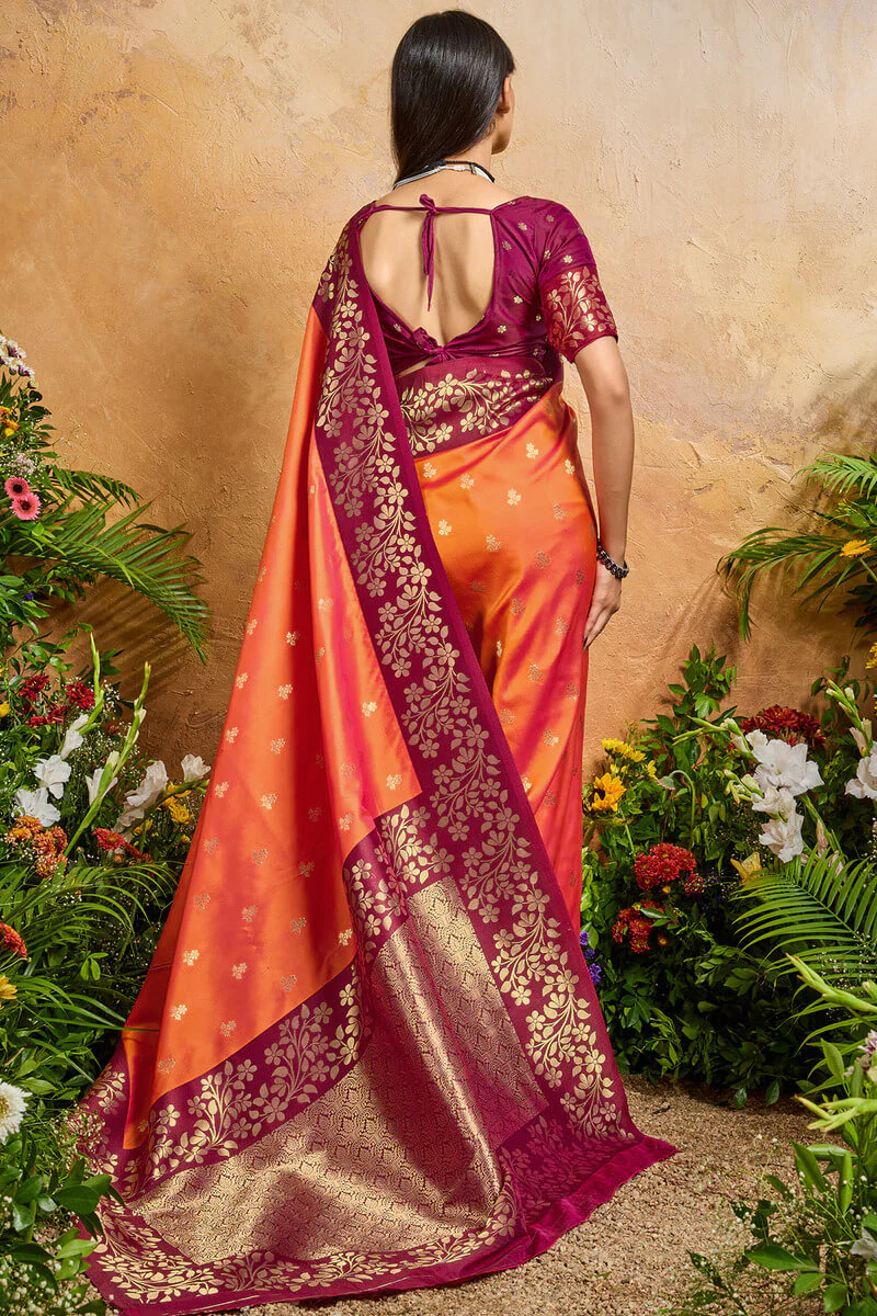 Prettiest Orange Pure Zari Weaving Banarasi Silk Saree With Tantalizing Blouse Piece - Image 6