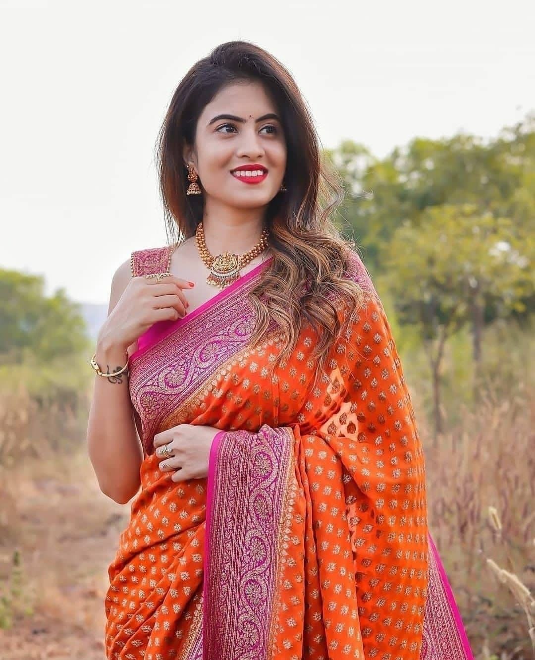 Prettiest Orange Soft Banarasi Silk Saree With Twirling Blouse Piece - Image 3