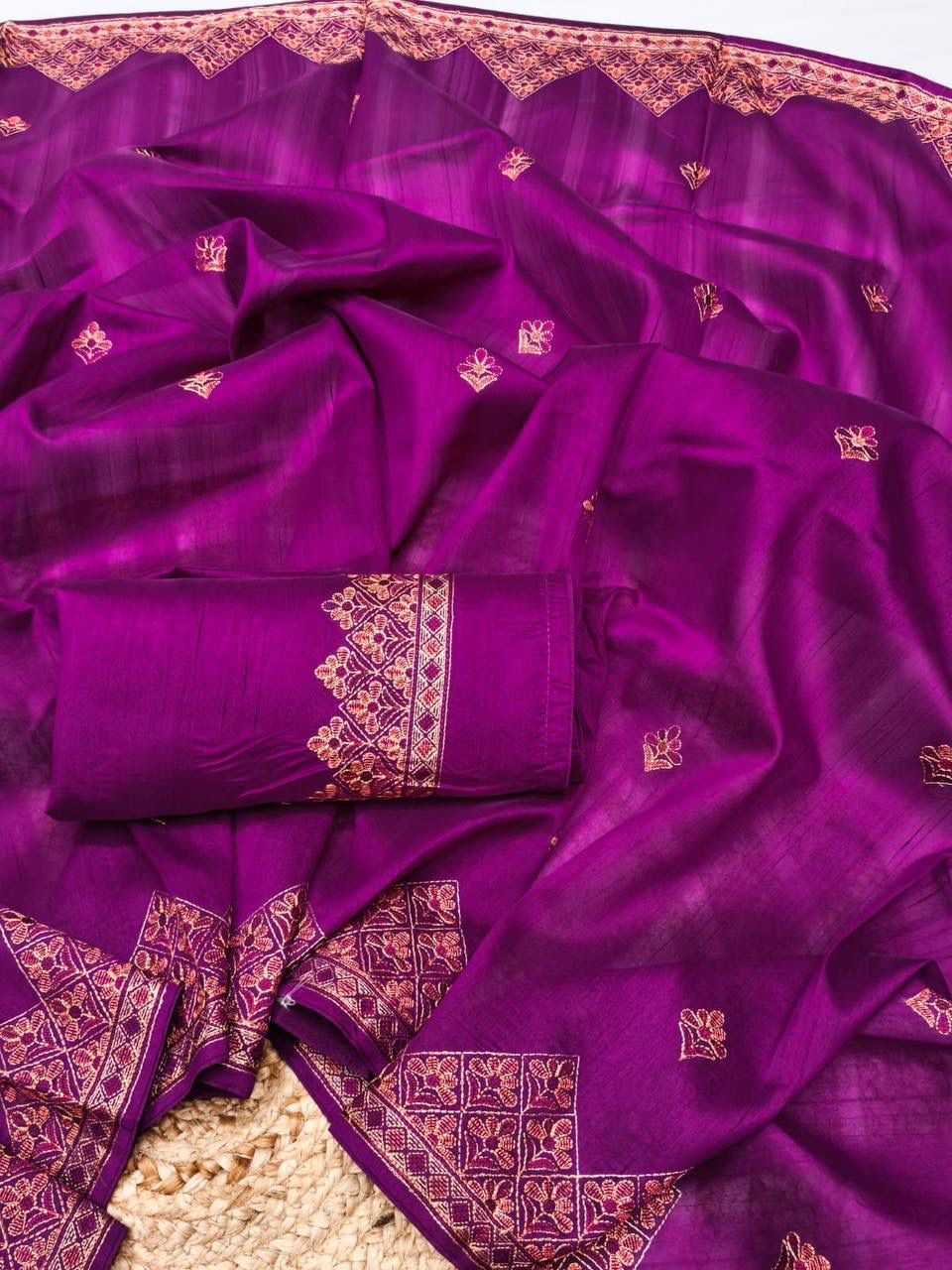 Prettiest Purple Embroidery Work Tussar Silk Saree With Lovely Blouse Piece - Image 2