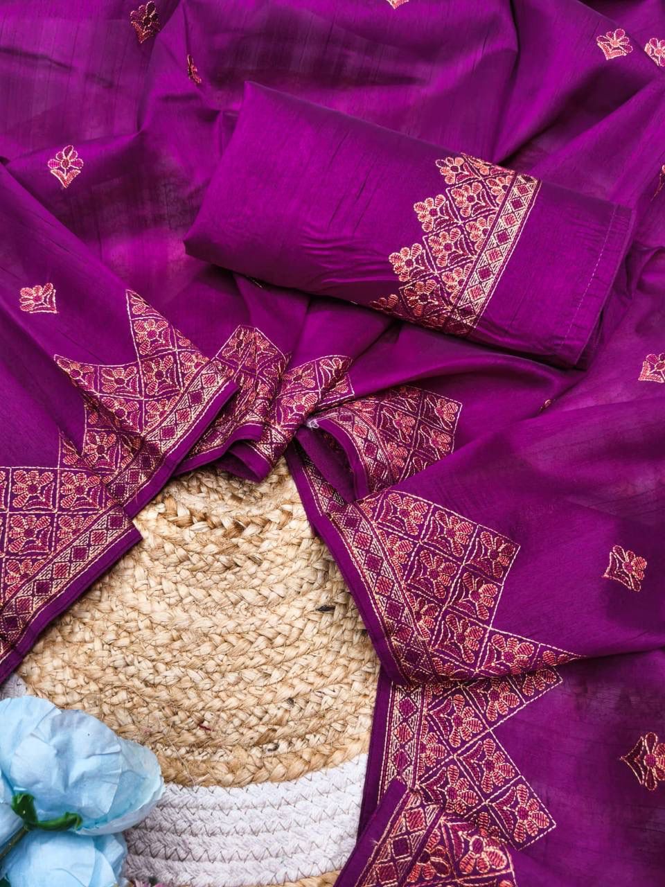 Prettiest Purple Embroidery Work Tussar Silk Saree With Lovely Blouse Piece - Image 4