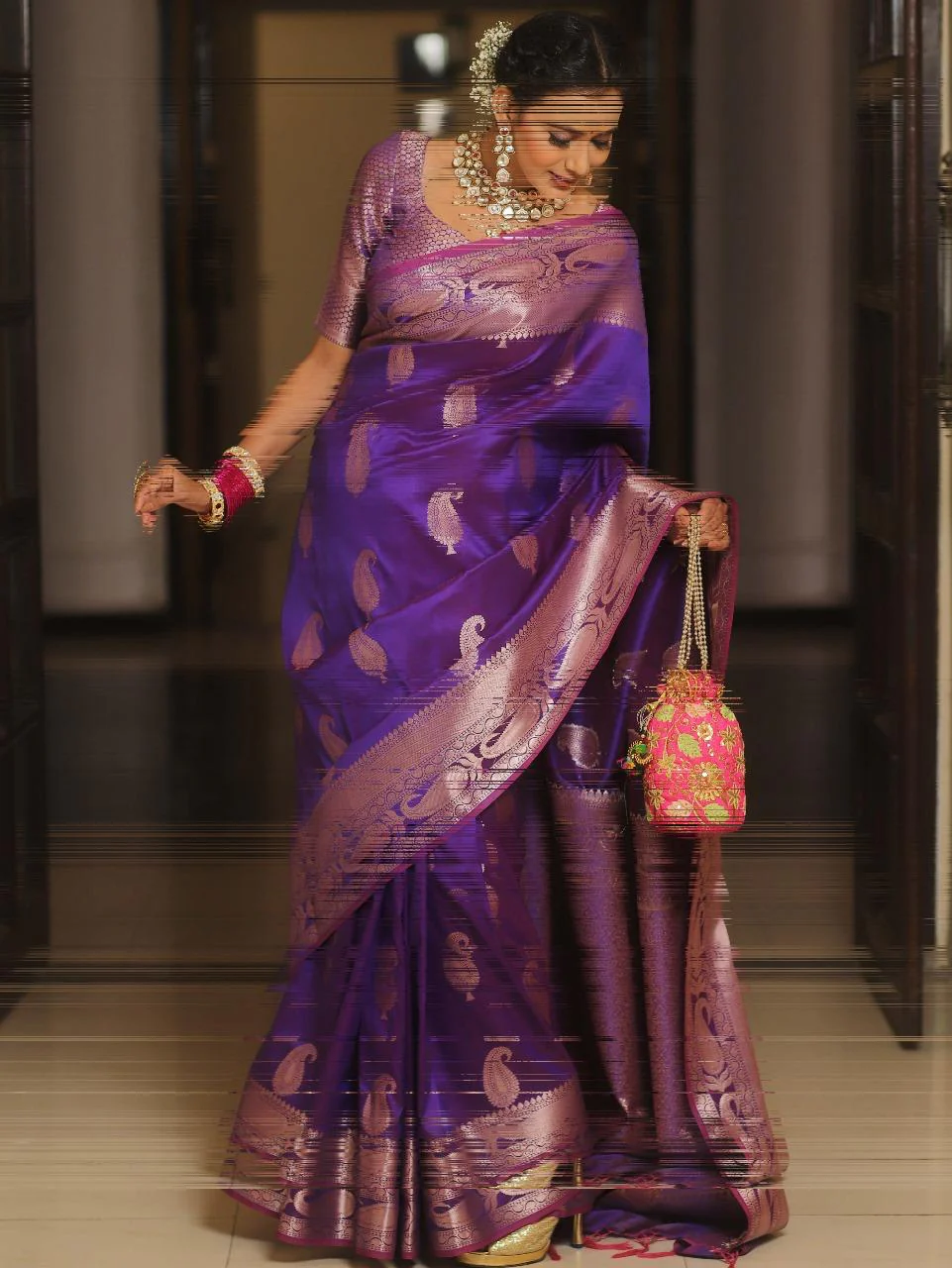 Prettiest Purple Soft Banarasi Silk Saree With Ailurophile Blouse Piece - Image 3