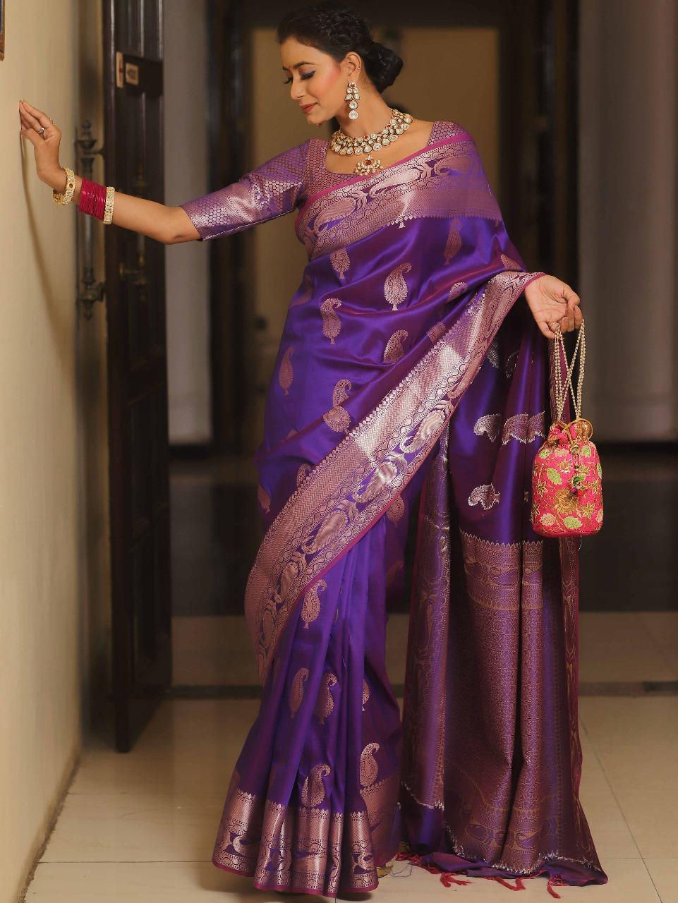 Prettiest Purple Soft Banarasi Silk Saree With Ailurophile Blouse Piece - Image 5