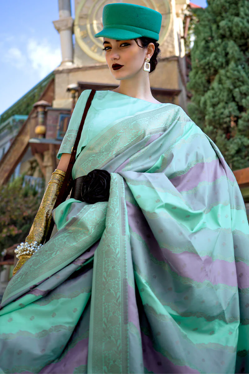 Prettiest Turquoise Soft Banarasi Silk Saree With Blooming Blouse Piece - Image 2