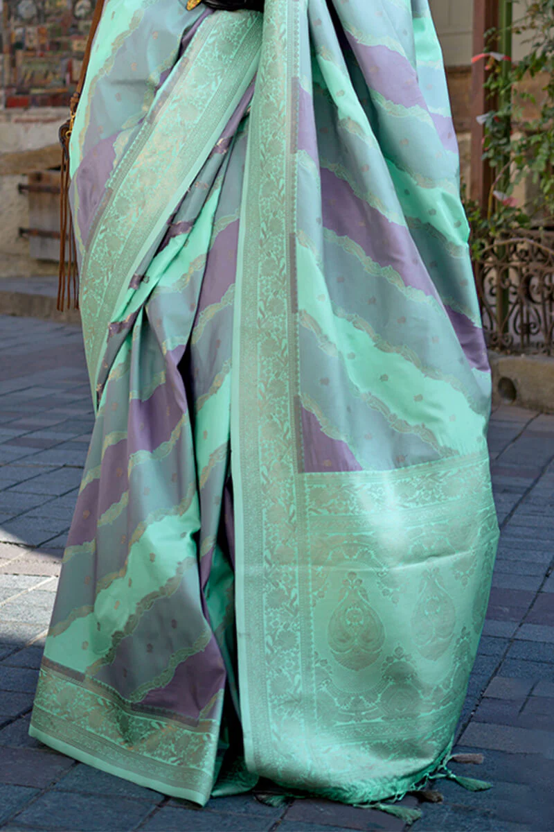 Prettiest Turquoise Soft Banarasi Silk Saree With Blooming Blouse Piece - Image 4
