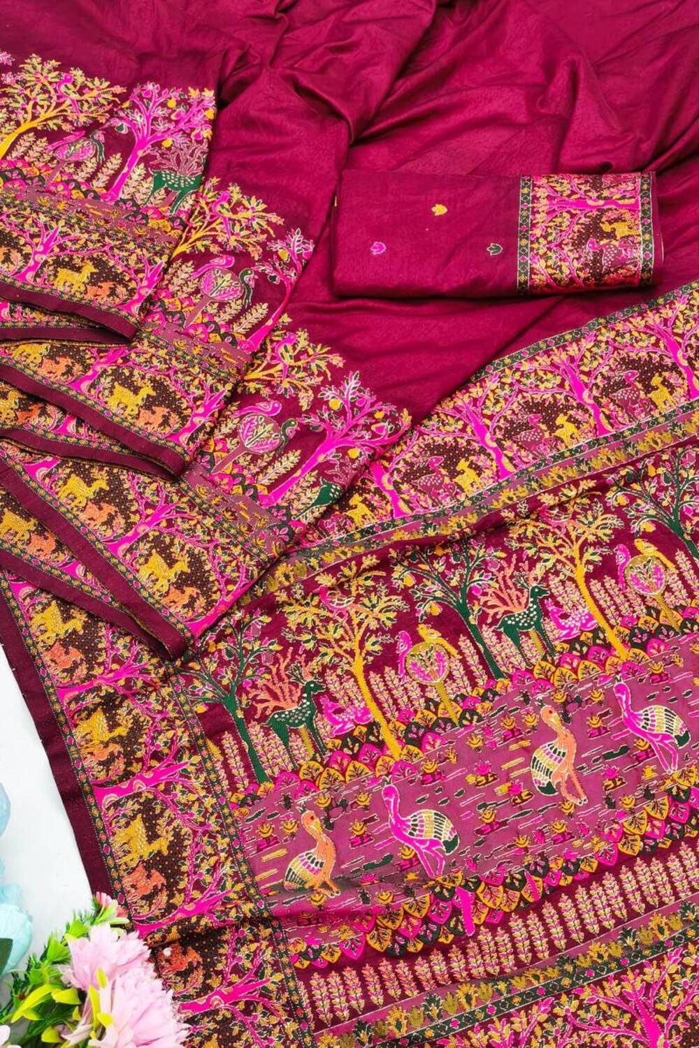 Prettiest Wine Nylon Dola Pashmina Saree With Glamorous Blouse Piece - Image 2