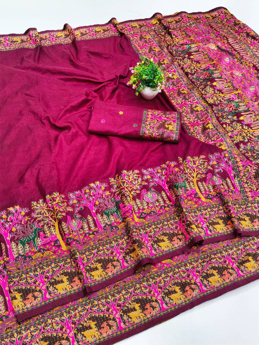 Prettiest Wine Nylon Dola Pashmina Saree With Glamorous Blouse Piece - Image 3
