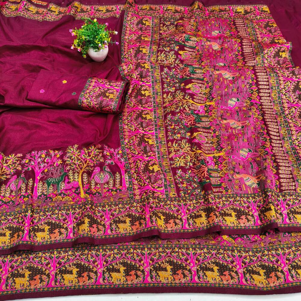 Prettiest Wine Nylon Dola Pashmina Saree With Glamorous Blouse Piece - Image 4