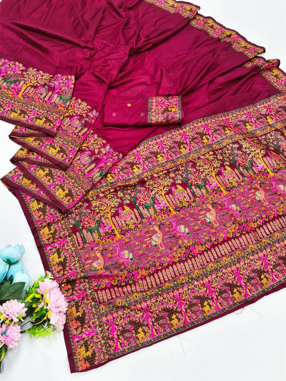 Prettiest Wine Nylon Dola Pashmina Saree With Glamorous Blouse Piece - Image 5
