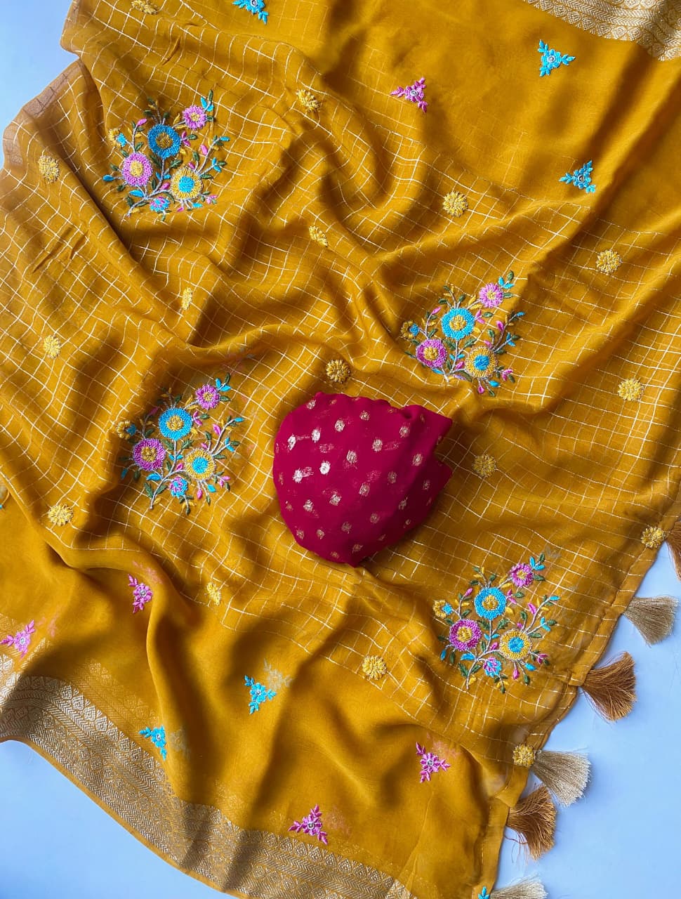 Prettiest Yellow Embroidery Work Pure Georgette Saree With Allure Blouse Piece - Image 2