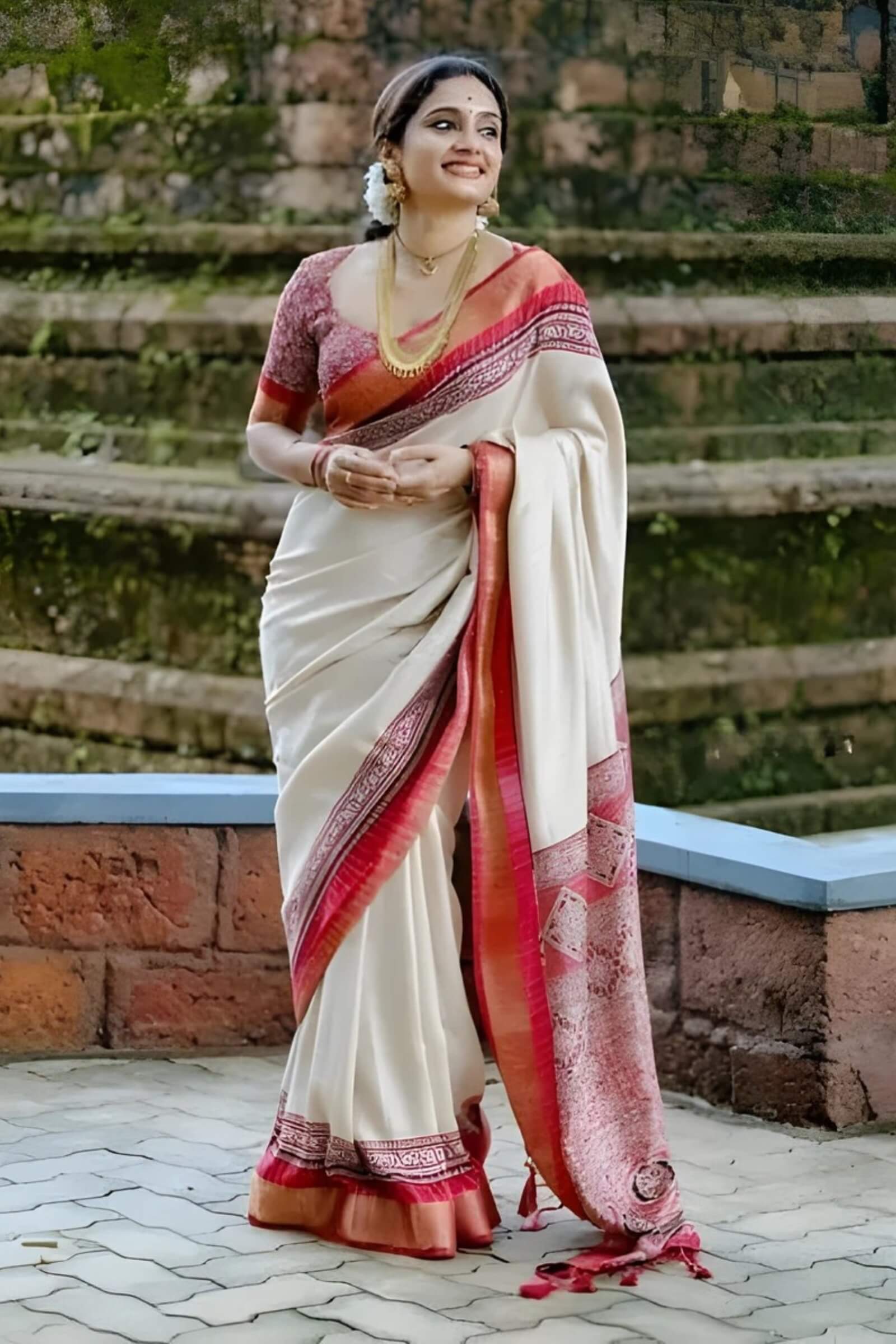Pretty Beige Digital Printed Dola Silk Saree With Alluring Blouse Piece - Image 4