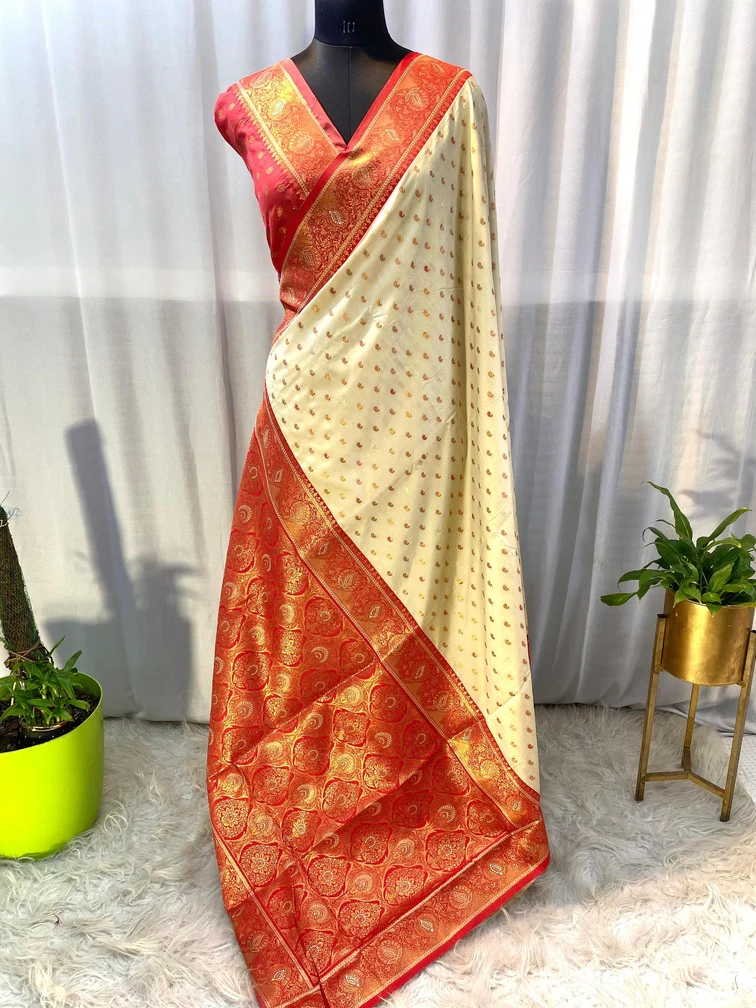 Pretty Beige Soft Banarasi Silk Saree With Sophisticated Blouse Piece - Image 3
