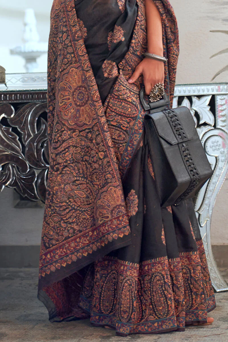 Pretty Black Pashmina saree With Elegant Blouse Piece - Image 3