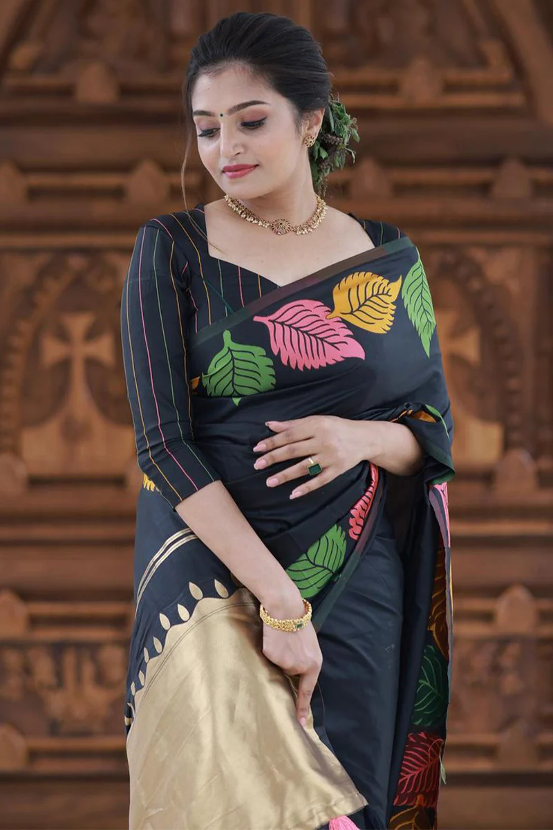 Pretty Black Soft Silk Saree With Beautiful Blouse Piece - Image 2