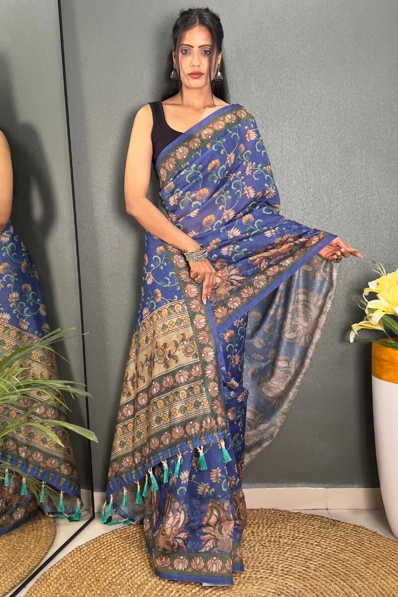 Pretty Blue Kalamkari Printed Saree With Lovely Blouse Piece - Image 2