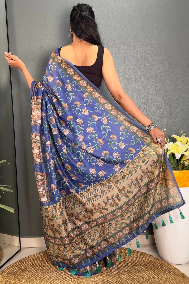 Pretty Blue Kalamkari Printed Saree With Lovely Blouse Piece - Image 4