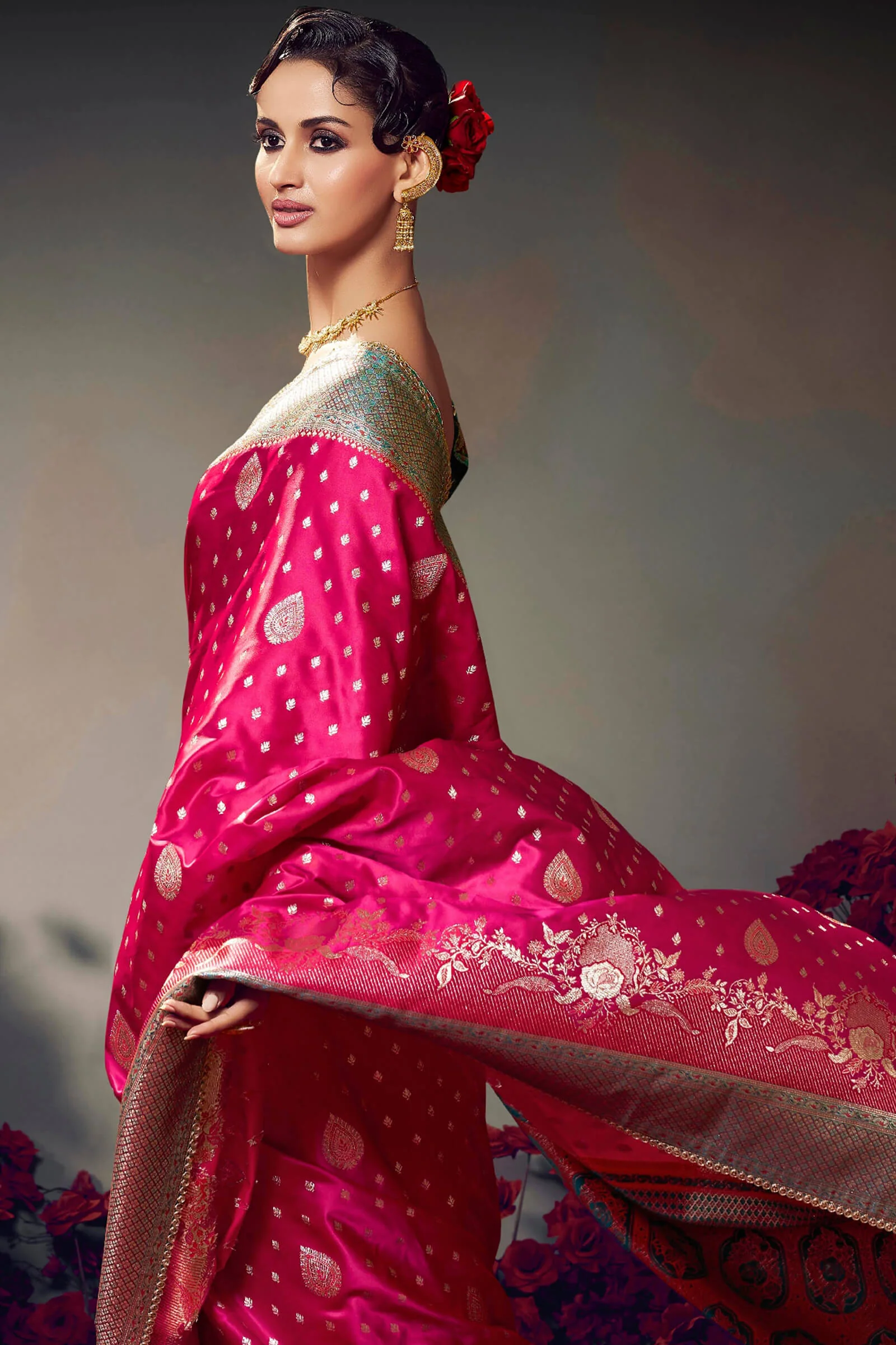Pretty Dark Pink Banarasi Satin Silk Saree With Cynosure Blouse Piece - Image 3