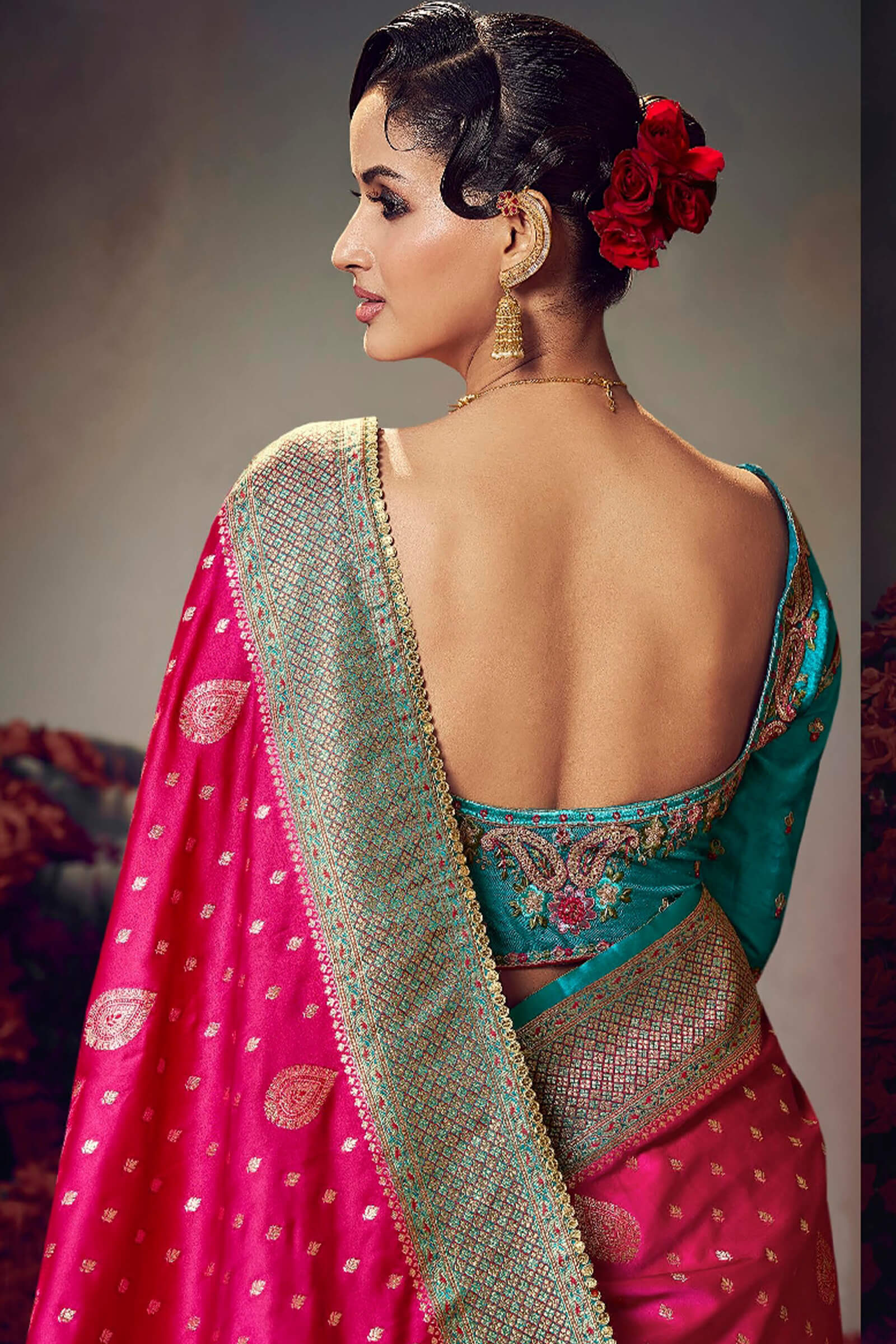 Pretty Dark Pink Banarasi Satin Silk Saree With Cynosure Blouse Piece - Image 4