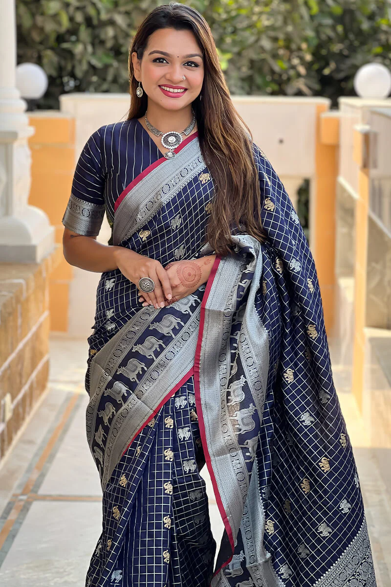 Pretty Navy Blue Soft Banarasi Silk Saree With Bucolic Blouse Piece - Image 2