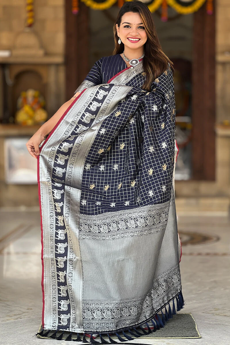 Pretty Navy Blue Soft Banarasi Silk Saree With Bucolic Blouse Piece - Image 3