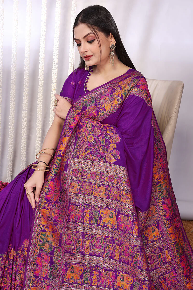 Pretty Purple Pashmina Saree With Nebula Blouse Piece - Image 5
