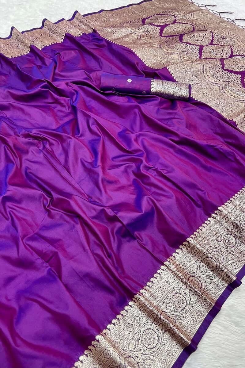 Pretty Purple Soft Banarasi Silk Saree With Ethnic Blouse Piece - Image 2
