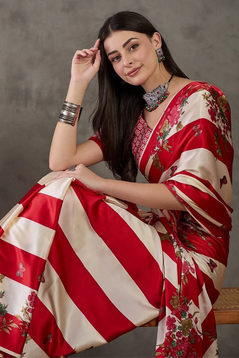 Pretty Red Ajrakh Printed Semi Modal Silk Saree With Impressive Blouse Piece - Image 2