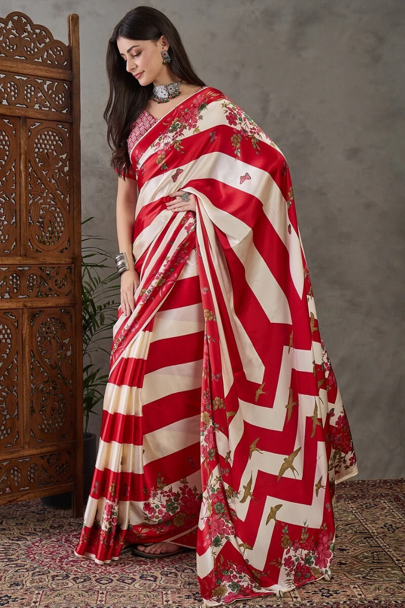 Pretty Red Ajrakh Printed Semi Modal Silk Saree With Impressive Blouse Piece - Image 3