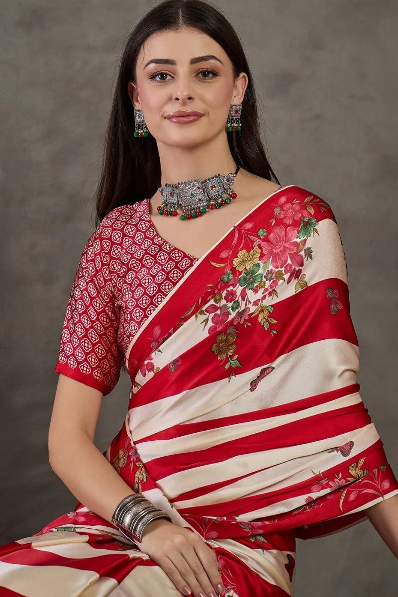 Pretty Red Ajrakh Printed Semi Modal Silk Saree With Impressive Blouse Piece - Image 6