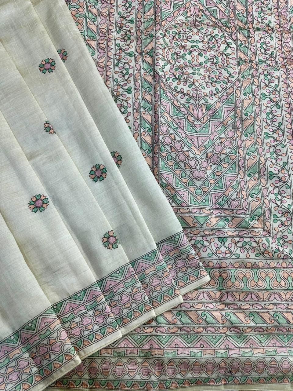 Prodigal Beige Embroidery Work Tussar Silk Saree With Blooming Blouse Piece - Image 2