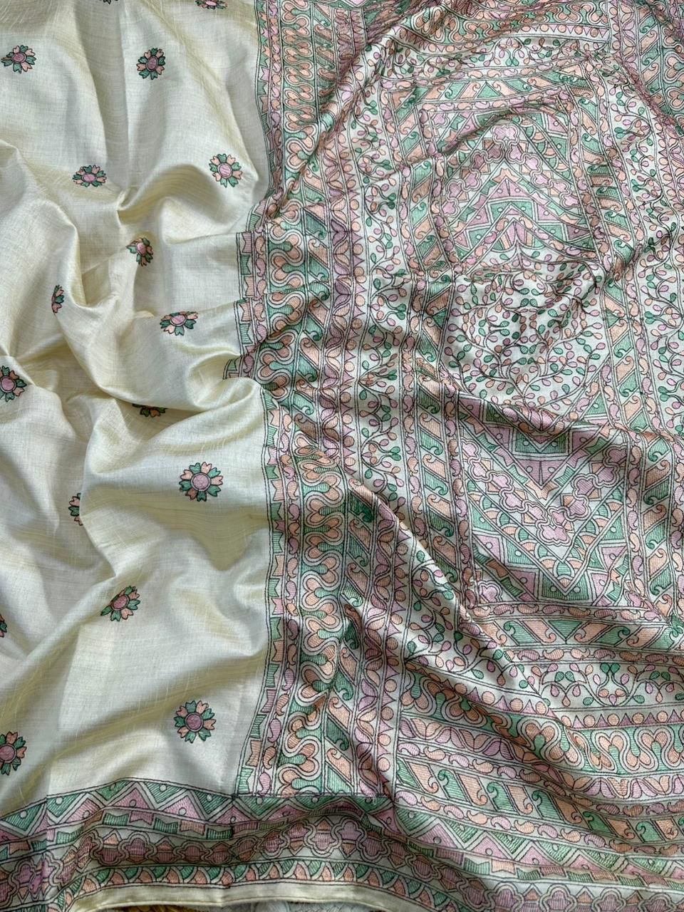 Prodigal Beige Embroidery Work Tussar Silk Saree With Blooming Blouse Piece - Image 3