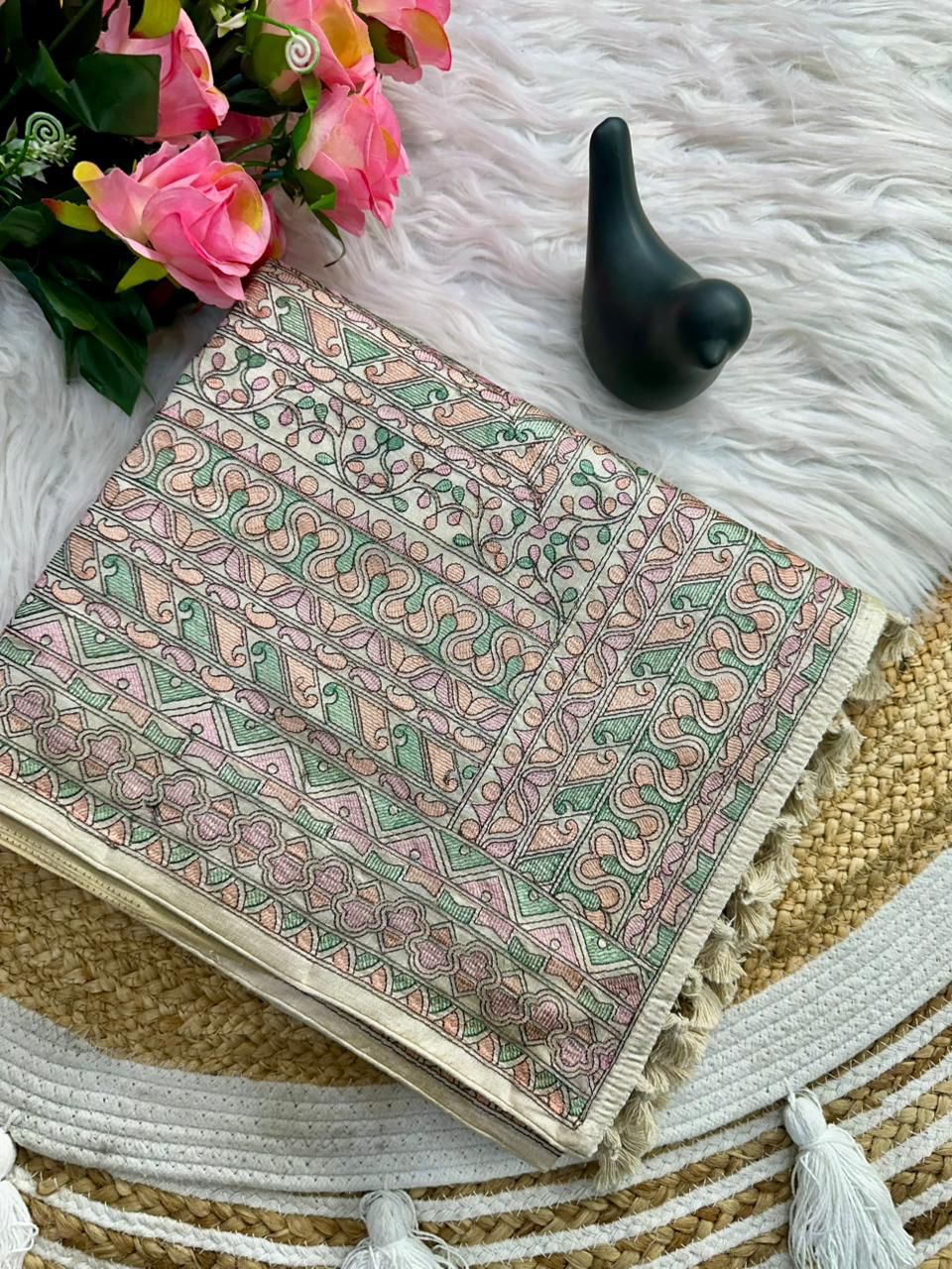 Prodigal Beige Embroidery Work Tussar Silk Saree With Blooming Blouse Piece - Image 6