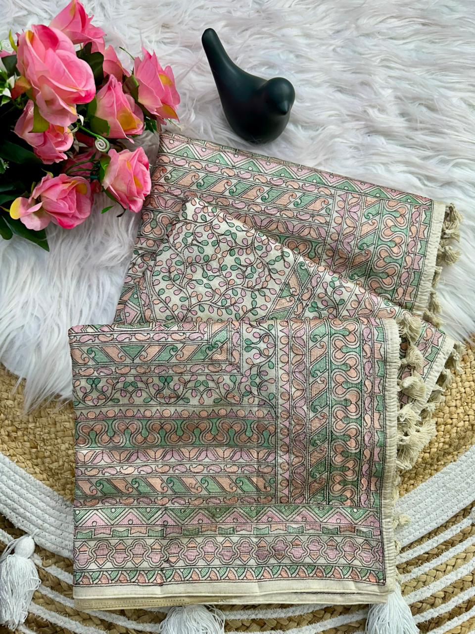 Prodigal Beige Embroidery Work Tussar Silk Saree With Blooming Blouse Piece - Image 8