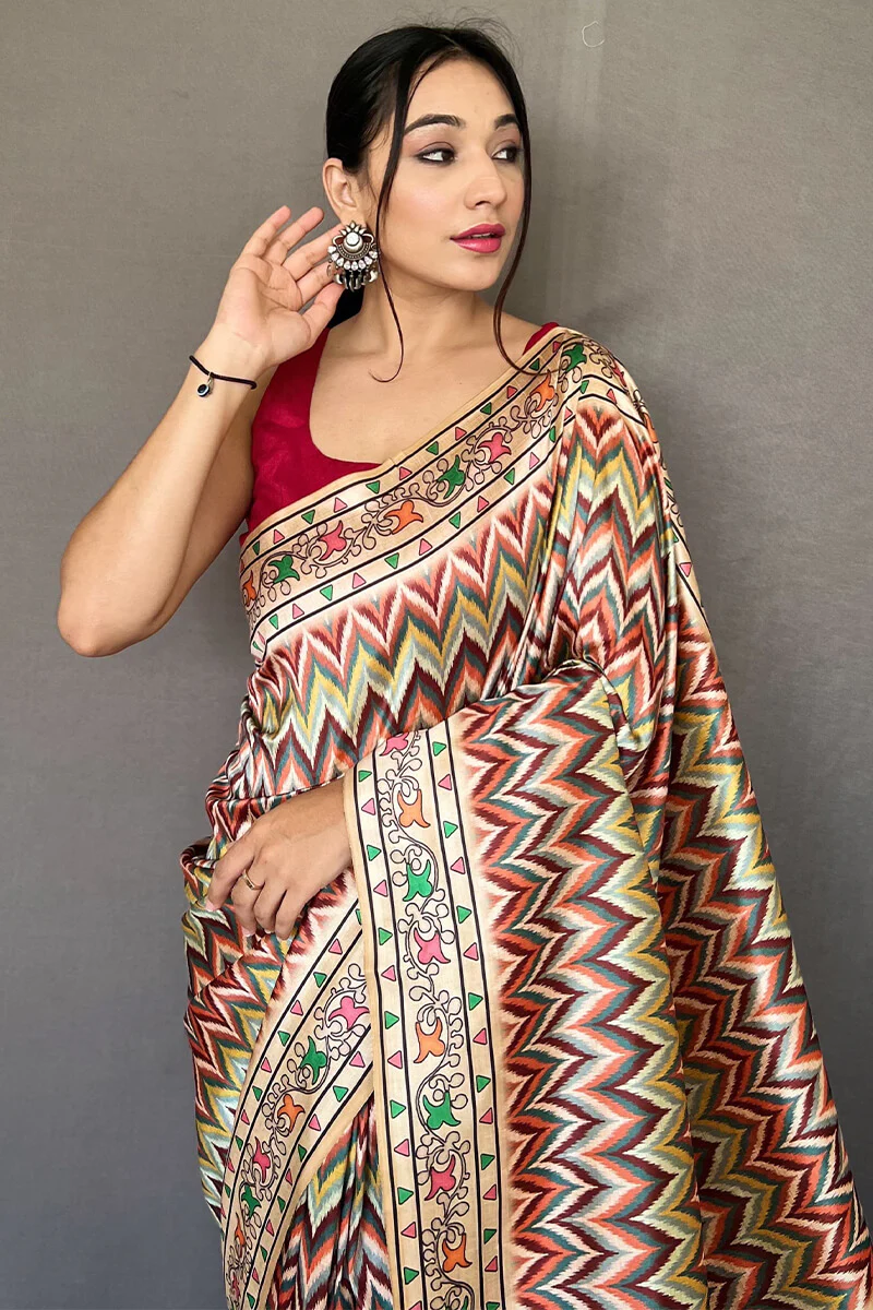 Prodigal Beige Kalamkari Printed Soft Silk Saree With Smashing Blouse Piece - Image 2