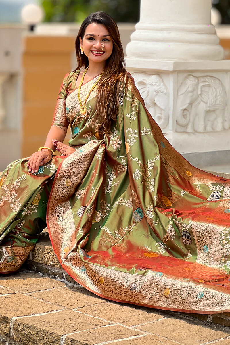 Prodigal Mehndi Soft Banarasi Silk Saree With Fantabulous Blouse Piece - Image 3