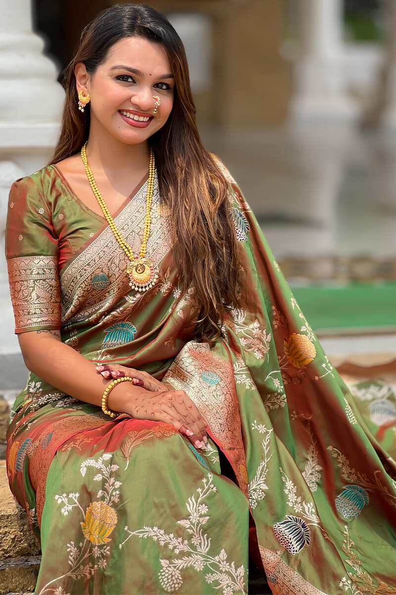 Prodigal Mehndi Soft Banarasi Silk Saree With Fantabulous Blouse Piece - Image 4