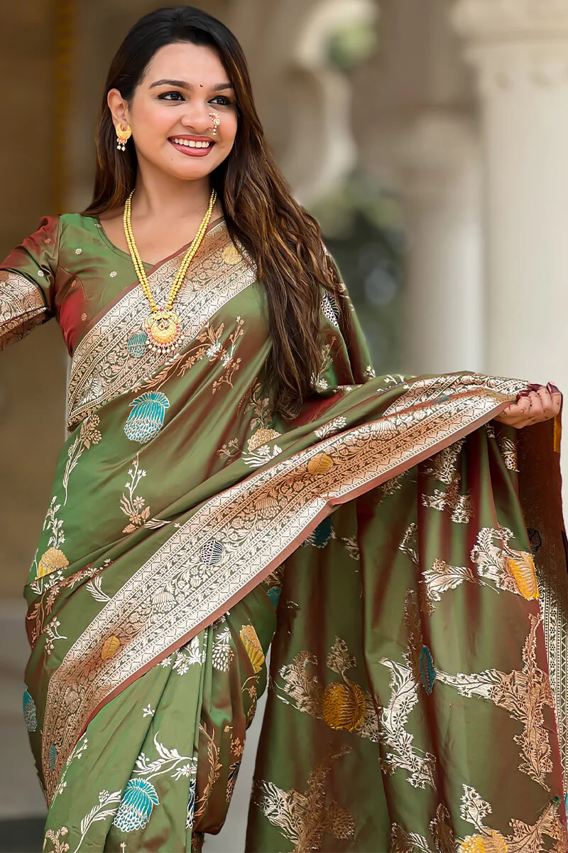 Prodigal Mehndi Soft Banarasi Silk Saree With Fantabulous Blouse Piece - Image 5