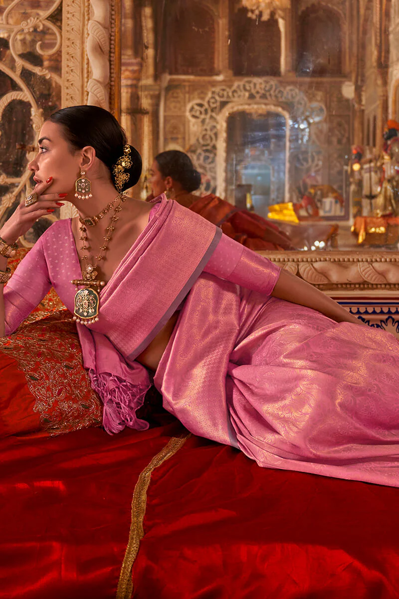 Prodigal Pink Kanjivaram Silk Saree With Fairytale Blouse Piece - Image 2