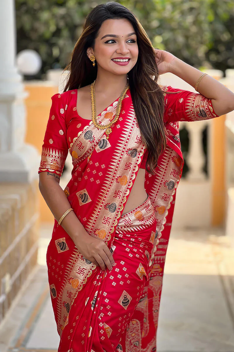 Prodigal Red Soft Banarasi Silk Saree With Desiring Blouse Piece - Image 2